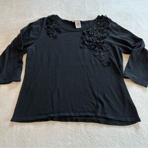 1207 Victor Costa Black Floral Embellished 3/4 Sleeve Top